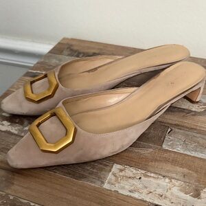Ann Taylor Beige Suede Mules with Gold Buckle 9.5